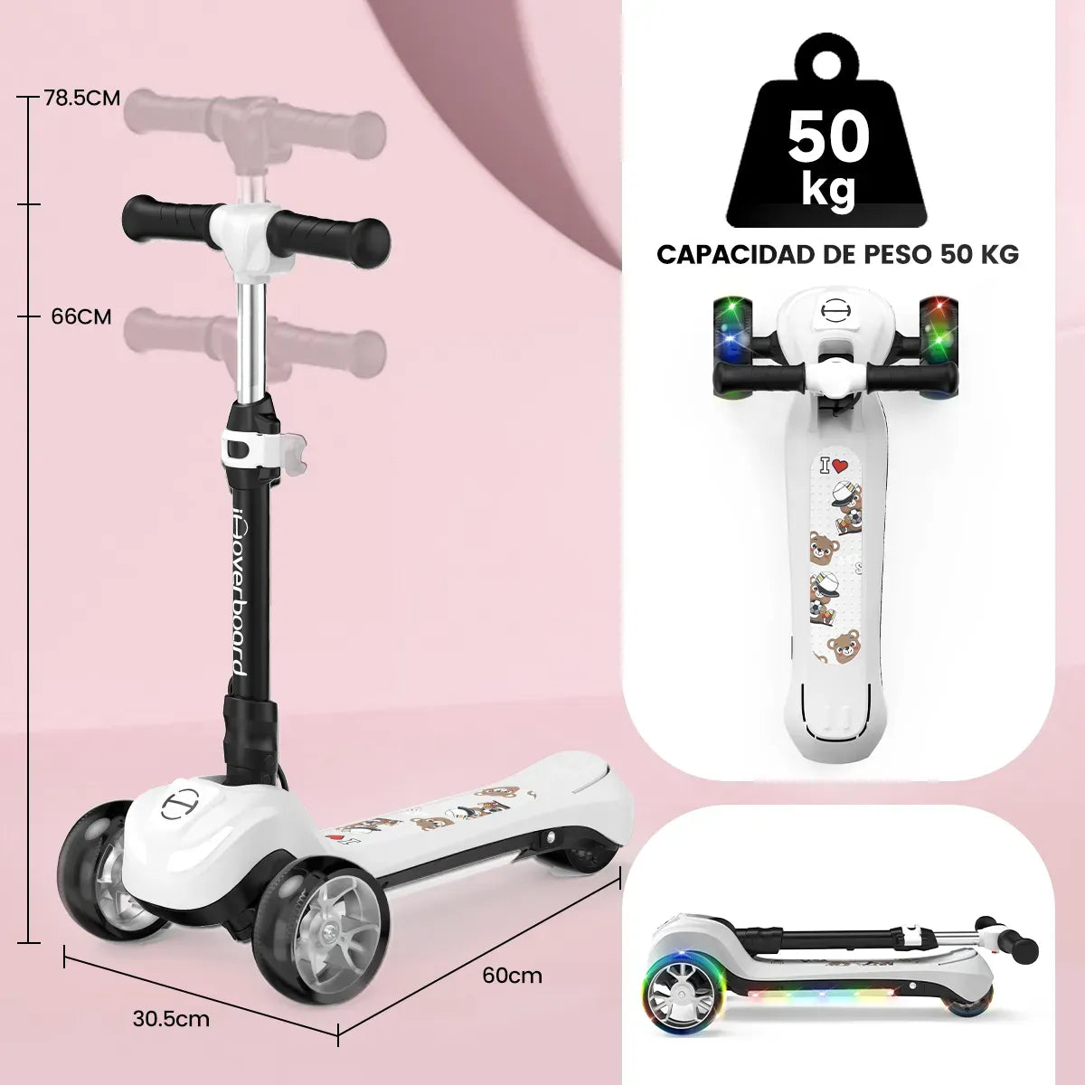Scooter Eléctrico Patín Plegable B1 iScooter Para Niños 8km/h Motor 80w Con Luz Led Color Blanco Edad 3-7 años